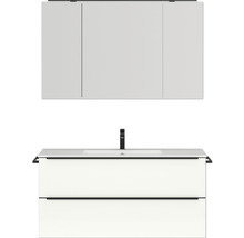 Badmöbel-Set NOBILIA Programm 1 BxHxT 121 x 169,1 x 48,7 cm Frontfarbe weiß hochglanz mit Möbel-Waschtisch und Spiegelschrank 3-türig mit LED-Beleuchtung Griffleiste schwarz 139