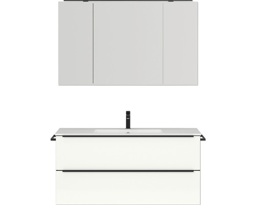Set de meubles de salle de bains NOBILIA Programm 1 lxhxp 121 x 169,1 x 48,7 cm couleur de façade blanc haute brillance avec vasque pour meuble et armoire de toilette à 3 portes avec éclairage LED barre de prise noir 139 Meuble-lavabo avec lavabo et armoire de toilette pour la salle de bain