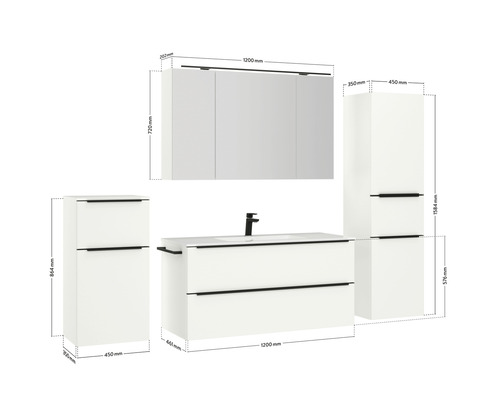 Illustration d''un ensemble de meubles de salle de bains comprenant un meuble-lavabo, une armoire de toilette et une armoire haute avec dimensions