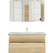 Badmöbel-Set NOBILIA Programm 1 BxHxT 121 x 169,1 x 48,7 cm Frontfarbe eiche natur mit Möbel-Waschtisch und Spiegelschrank 3-türig mit LED-Beleuchtung Griffleiste chrom matt 142