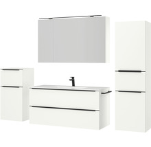 Badmöbel-Set NOBILIA Programm 1 BxHxT 230 x 169,1 x 48,7 cm Frontfarbe weiß matt mit Möbel-Waschtisch und Spiegelschrank 3-türig mit LED-Beleuchtung Unterschrank Midischrank Griffleiste schwarz 153