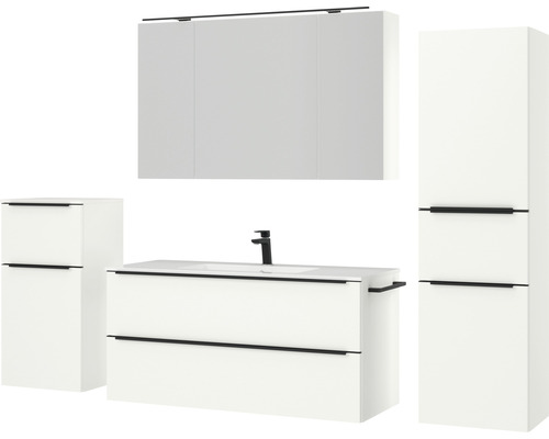 Ensemble de meubles de salle de bains avec meuble-lavabo, lavabo, armoire de toilette et armoire haute pour une salle de bains claire et moderne