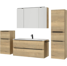 Badmöbel-Set NOBILIA Programm 1 BxHxT 230 x 169,1 x 48,7 cm Frontfarbe eiche natur mit Möbel-Waschtisch und Spiegelschrank 3-türig mit LED-Beleuchtung Unterschrank Midischrank Griffleiste schwarz 159