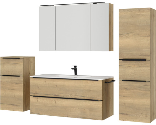 Badezimmer-Set mit Waschtischunterschrank, Spiegelschrank und Hochschrank im Holzdekor