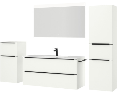 Ensemble de salle de bains avec meuble sous-vasque, armoire de toilette et deux armoires hautes