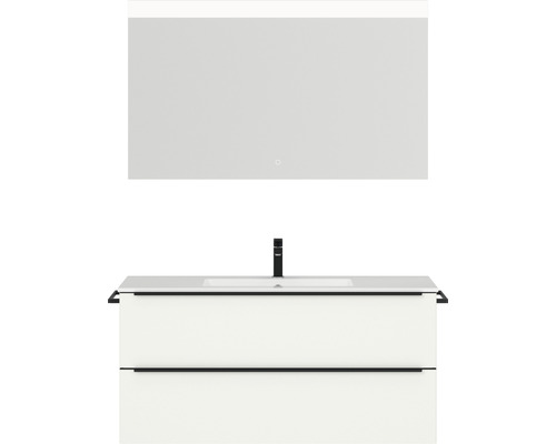 Badmöbel-Set NOBILIA Programm 1 BxHxT 121 x 169,1 x 48,7 cm Frontfarbe weiß matt mit Möbel-Waschtisch weiß und Spiegel mit LED-Beleuchtung Griffleiste schwarz 129 Waschtischunterschrank mit Waschbecken und beleuchtetem Spiegel für das Badezimmer