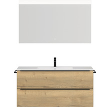 Badmöbel-Set NOBILIA Programm 1 BxHxT 121 x 169,1 x 48,7 cm Frontfarbe eiche natur mit Möbel-Waschtisch weiß und Spiegel mit LED-Beleuchtung Griffleiste schwarz 135