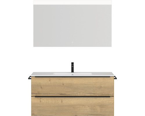 Set de meubles de salle de bains NOBILIA Programm 1 lxhxp 121 x 169,1 x 48,7 cm couleur de façade chêne naturel avec vasque pour meuble blanc et miroir avec éclairage LED barre de prise noir 135
