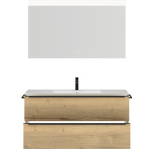 Badmöbel-Set NOBILIA Programm 1 BxHxT 121 x 169,1 x 48,7 cm Frontfarbe eiche natur mit Möbel-Waschtisch weiß und Spiegel mit LED-Beleuchtung Griffleiste schwarz 135