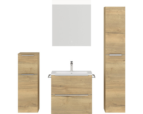 Set de meubles de salle de bains NOBILIA Programm 1 lxhxp 140 x 169,1 x 48,7 cm couleur de façade chêne naturel avec meuble à vasque blanc et miroir avec éclairage LED armoire midi meuble bas barre de prise chrome mat 031