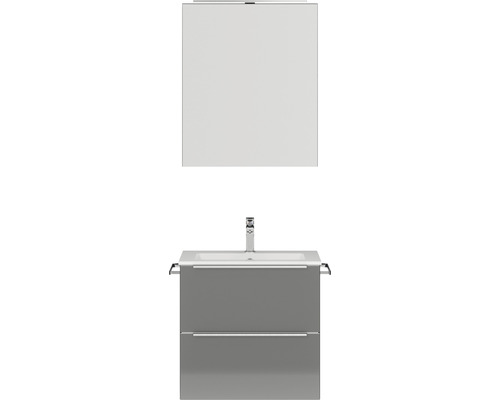 Set de meubles de salle de bains NOBILIA Programm 1 lxhxp 61 x 169,1 x 48,7 cm couleur de façade gris haute brillance avec vasque pour meuble et armoire de toilette à 1 portes avec éclairage LED barre de prise chrome mat 021