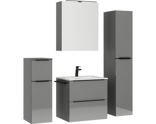 Graues Badezimmermöbelset mit Waschtischunterschrank, Spiegelschrank und Hochschrank