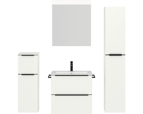 Set de meubles de salle de bains NOBILIA Programm 1 lxhxp 140 x 169,1 x 48,7 cm couleur de façade blanc mat avec vasque pour meuble blanc et miroir avec éclairage LED armoire midi meuble bas barre de prise noir 026