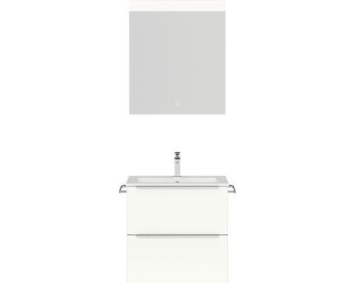 Set de meubles de salle de bains NOBILIA Programm 1 lxhxp 61 x 169,1 x 48,7 cm couleur de façade blanc haute brillance avec vasque pour meuble blanc et miroir avec éclairage LED barre de prise chrome mat 011