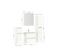 Abbildung eines Badezimmersets mit Waschtischunterschrank, Spiegelschrank und Hochschrank mit Maßangaben