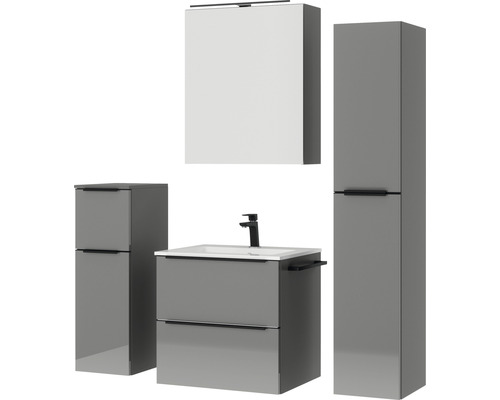 Badmöbelset mit Waschtischunterschrank, Waschbecken, Spiegelschrank und Hochschrank