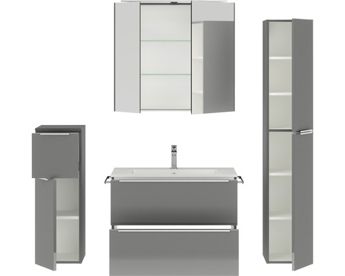 Graues Badezimmer-Set mit Waschbecken, Spiegel und Schränken zur Aufbewahrung von Badutensilien