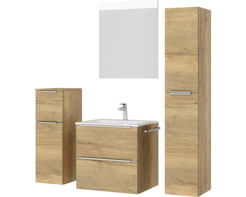 Ensemble de salle de bains avec meuble sous-lavabo, lavabo, armoire de toilette et armoire haute en décor bois