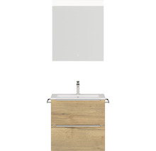 Badmöbel-Set NOBILIA Programm 1 BxHxT 61 x 169,1 x 48,7 cm Frontfarbe eiche natur mit Möbel-Waschtisch weiß und Spiegel mit LED-Beleuchtung Griffleiste chrom matt 015