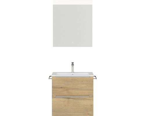 Set de meubles de salle de bains NOBILIA Programm 1 lxhxp 61 x 169,1 x 48,7 cm couleur de façade chêne naturel avec vasque pour meuble blanc et miroir avec éclairage LED barre de prise chrome mat 015
