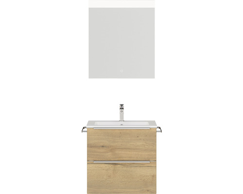 Badmöbel-Set NOBILIA Programm 1 BxHxT 61 x 169,1 x 48,7 cm Frontfarbe eiche natur mit Möbel-Waschtisch weiß und Spiegel mit LED-Beleuchtung Griffleiste chrom matt 015