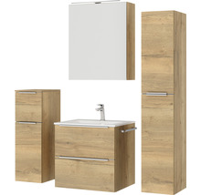 Badezimmermöbelset mit Waschtischunterschrank, Waschbecken, Spiegelschrank und Hochschrank