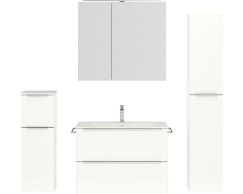 Badmöbel-Set NOBILIA Programm 1 BxHxT 160 x 169,1 x 48,7 cm Frontfarbe weiß hochglanz mit Möbel-Waschtisch und Spiegelschrank 2-türig mit LED-Beleuchtung Unterschrank Midischrank Griffleiste chrom matt 074 Badezimmerset mit Waschtischunterschrank, Spiegelschrank und zwei Hochschränken