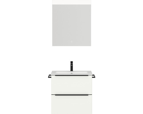 Set de meubles de salle de bains NOBILIA Programm 1 lxhxp 61 x 169,1 x 48,7 cm couleur de façade blanc mat avec meuble à vasque blanc et miroir avec éclairage LED barre de prise noir 010