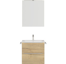 Set de meubles de salle de bains NOBILIA Programm 1 lxhxp 61 x 169,1 x 48,7 cm couleur de façade chêne naturel avec vasque pour meuble et armoire de toilette à 1 porte avec éclairage LED barre de prise chrome mat 023