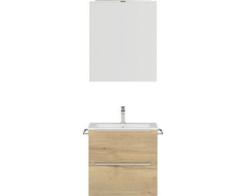 Set de meubles de salle de bains NOBILIA Programm 1 lxhxp 61 x 169,1 x 48,7 cm couleur de façade chêne naturel avec vasque pour meuble et armoire de toilette à 1 porte avec éclairage LED barre de prise chrome mat 023