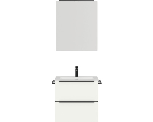 Badmöbel-Set NOBILIA Programm 1 BxHxT 61 x 169,1 x 48,7 cm Frontfarbe weiß matt mit Möbel-Waschtisch und Spiegelschrank 1-türig mit LED-Beleuchtung Griffleiste schwarz 018 Waschtisch mit zwei Schubladen, Waschtischarmatur, Spiegel