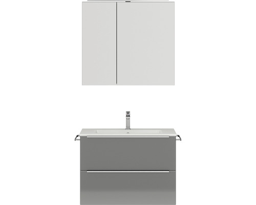 Set de meubles de salle de bains NOBILIA Programm 1 lxhxp 81 x 169,1 x 48,7 cm couleur de façade gris haute brillance avec meuble à vasque et armoire de toilette à 2 portes avec éclairage LED barre de prise chrome mat 060