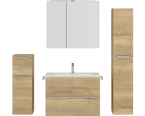 Set de meubles de salle de bains NOBILIA Programm 1 lxhxp 160 x 169,1 x 48,7 cm couleur de façade chêne naturel avec vasque pour meuble et armoire de toilette à 2 portes avec éclairage LED meuble bas armoire midi barre de prise chrome mat 078