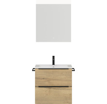Badmöbel-Set NOBILIA Programm 1 BxHxT 61 x 169,1 x 48,7 cm Frontfarbe eiche natur mit Möbel-Waschtisch weiß und Spiegel mit LED-Beleuchtung Griffleiste schwarz 016