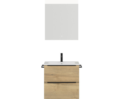 Set de meubles de salle de bains NOBILIA Programm 1 lxhxp 61 x 169,1 x 48,7 cm couleur de façade chêne naturel avec meuble à vasque blanc et miroir avec éclairage LED barre de prise noir 016