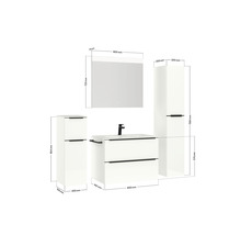 Badezimmermöbelset mit Waschtischunterschrank, Waschbecken, Spiegelschrank und Hochschränken mit Maßangaben