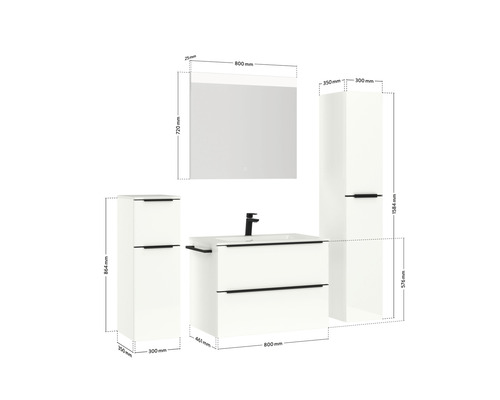 Ensemble de meubles de salle de bains avec meuble sous-lavabo, lavabo, armoire de toilette et armoires hautes avec indications de dimensions