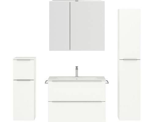 Set de meubles de salle de bains NOBILIA Programm 1 lxhxp 160 x 169,1 x 48,7 cm couleur de façade blanc mat avec vasque pour meuble et armoire de toilette à 2 portes avec éclairage LED meuble bas armoire midi barre de prise chrome mat 072