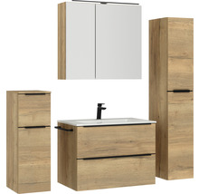 Badezimmer Set mit Waschtisch, Spiegelschrank und zwei Hochschränken in Holzoptik