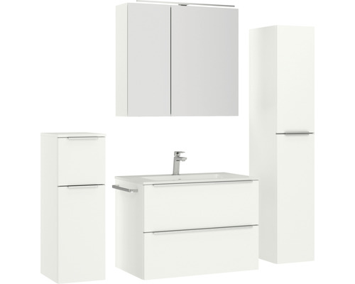 Weißes Badezimmer-Set mit Waschbeckenunterschrank, Waschbecken, Spiegelschrank und Hochschrank