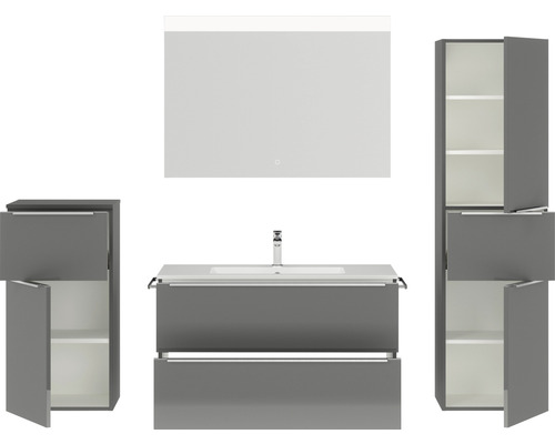 Set de meubles de salle de bains NOBILIA Programm 1 lxhxp 210 x 169,1 x 48,7 cm couleur de façade gris haute brillance avec meuble à vasque blanc et miroir avec éclairage LED armoire midi meuble bas barre de prise chrome mat 108