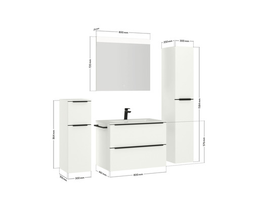 Ensemble de salle de bains avec meuble sous-vasque, lavabo, armoire de toilette et armoires hautes avec dimensions
