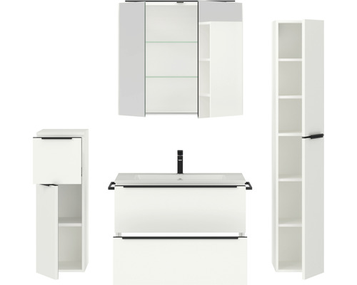 Weißes Badezimmer Set mit Waschtisch, Spiegelschrank, Seitenschrank und Hochschrank