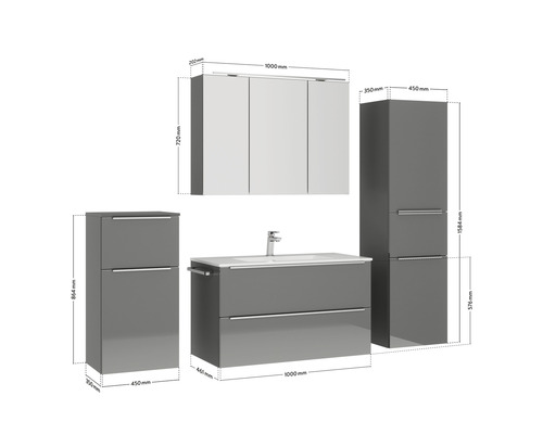 Badezimmer-Set mit Waschtischunterschrank, Waschbecken, Spiegelschrank und Hochschränken mit Maßangaben