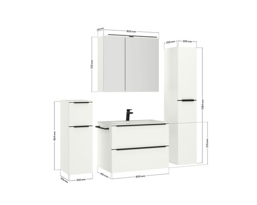 Badezimmer-Set mit Waschtischunterschrank, Waschbecken, Spiegelschrank und zwei Hochschränken mit Maßangaben
