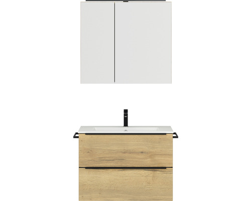 Set de meubles de salle de bains NOBILIA Programm 1 lxhxp 81 x 169,1 x 48,7 cm couleur de façade chêne naturel avec vasque pour meuble et armoire de toilette à 2 portes avec éclairage LED barre de prise noir 063