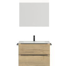 Badmöbel-Set NOBILIA Programm 1 BxHxT 81 x 169,1 x 48,7 cm Frontfarbe eiche natur mit Möbel-Waschtisch weiß und Spiegel mit LED-Beleuchtung Griffleiste schwarz 055