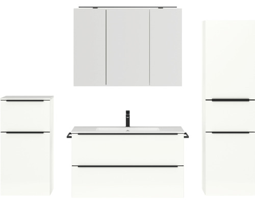 Set de meubles de salle de bains NOBILIA Programm 1 lxhxp 210 x 169,1 x 48,7 cm couleur de façade blanc haute brillance avec meuble à vasque et armoire de toilette à 3 portes avec éclairage LED meuble bas armoire midi barre de prise noir 115