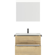 Badmöbel-Set NOBILIA Programm 1 BxHxT 81 x 169,1 x 48,7 cm Frontfarbe eiche natur mit Möbel-Waschtisch weiß und Spiegel mit LED-Beleuchtung Griffleiste schwarz 055