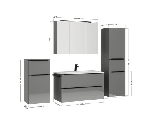 Badezimmermöbelset mit Waschtischunterschrank, Seitenschrank, Hängeschrank und Größenangaben